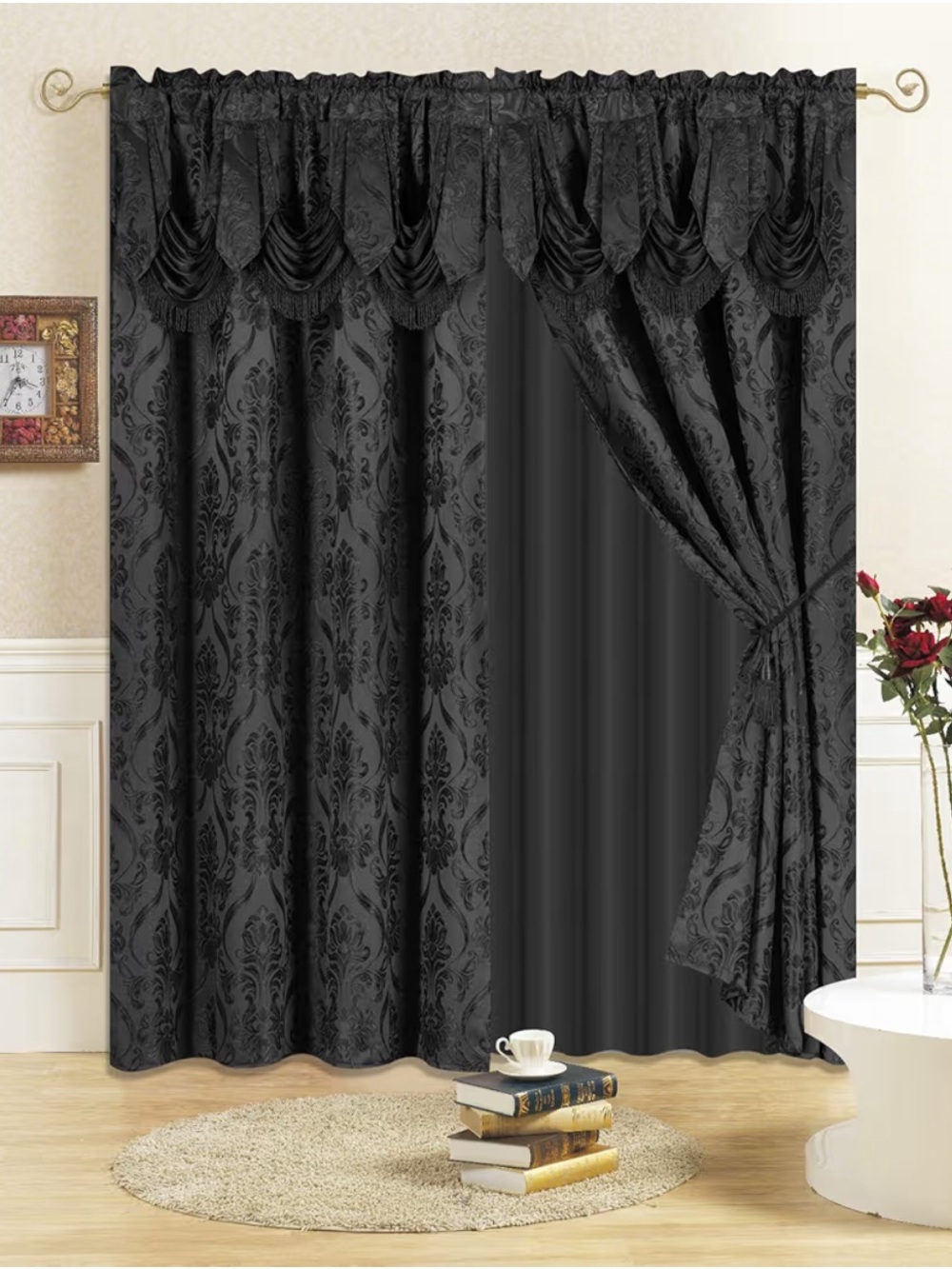 Elegant Black Damask Window Curtains - Home Accents